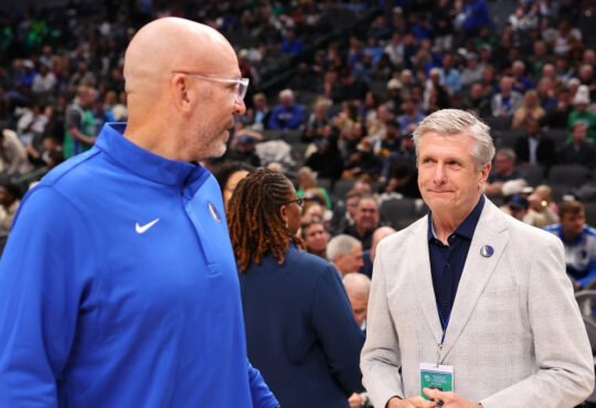 Jason Kidd talks with Mavericks CEO Rick Welts during halftime of a game against the Minnesota Timberwolves at American Airlines Center on Jan. 28, 2026.