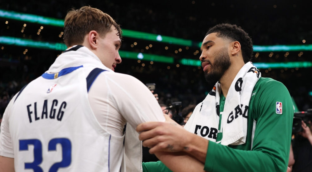Jayson Tatum and Cooper Flagg shake hands after the Celtics defeated the Mavericks 120-100 at TD Garden on March 6, 2026