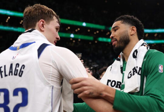 Jayson Tatum and Cooper Flagg shake hands after the Celtics defeated the Mavericks 120-100 at TD Garden on March 6, 2026