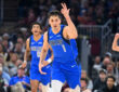 John Poulakidas #1 of the Dallas Mavericks celebrates during the third quarter against the Cleveland Cavaliers at Rocket Arena on March 15, 2026 in Cleveland, Ohio