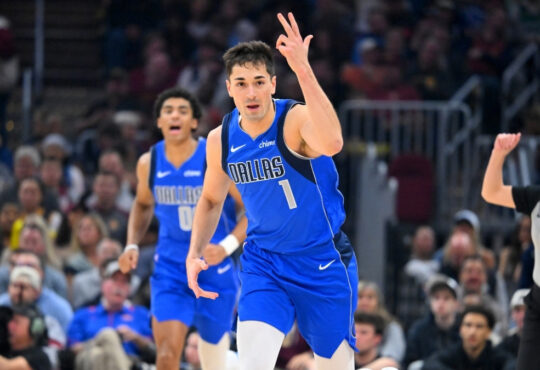 John Poulakidas #1 of the Dallas Mavericks celebrates during the third quarter against the Cleveland Cavaliers at Rocket Arena on March 15, 2026 in Cleveland, Ohio