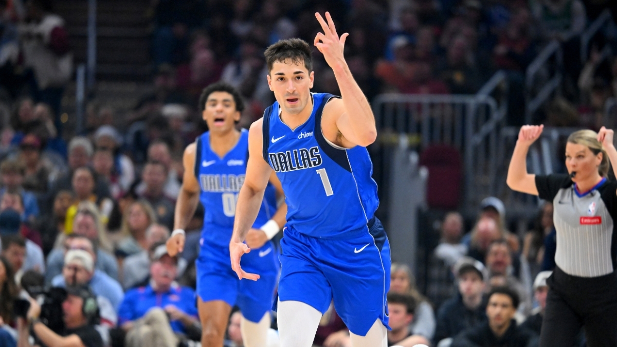 John Poulakidas #1 of the Dallas Mavericks celebrates during the third quarter against the Cleveland Cavaliers at Rocket Arena on March 15, 2026 in Cleveland, Ohio