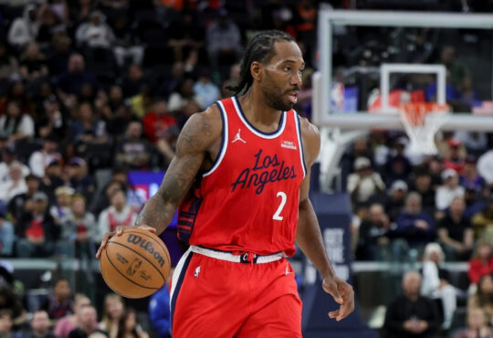 Kawhi Leonard dribbles during the Los Angeles Clippers’ game against the Sacramento Kings at Intuit Dome on March 14, 2026.