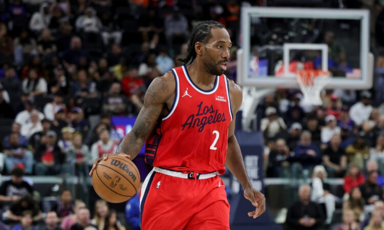 Kawhi Leonard dribbles during the Los Angeles Clippers’ game against the Sacramento Kings at Intuit Dome on March 14, 2026.