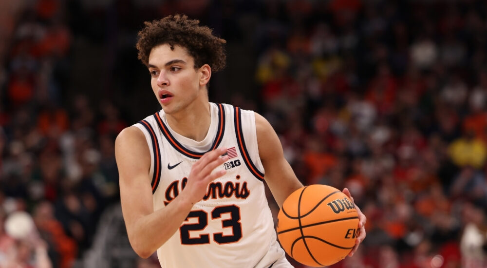 Keaton Wagler of Illinois dribbles in the second half against Wisconsin during the 2026 Big Ten Tournament quarterfinal at United Center.