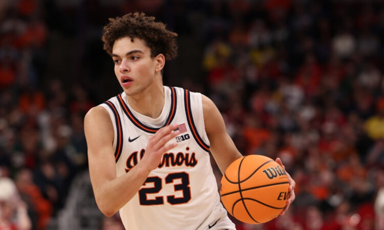 Keaton Wagler of Illinois dribbles in the second half against Wisconsin during the 2026 Big Ten Tournament quarterfinal at United Center.