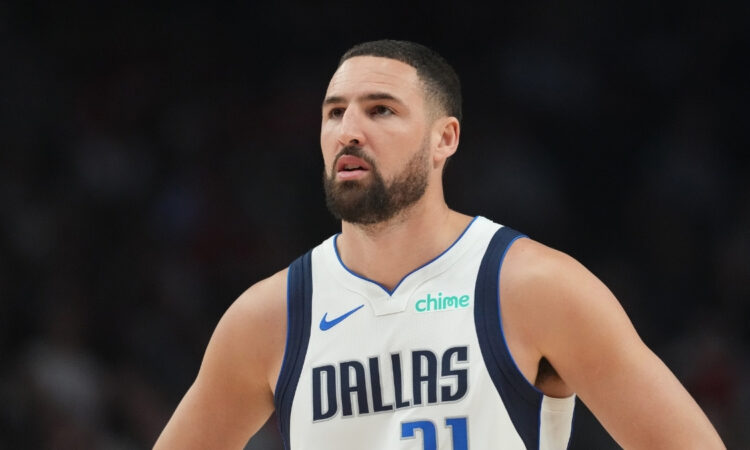 Klay Thompson (#31) of the Dallas Mavericks during the first half against the Portland Trail Blazers at Moda Center, the night he set the franchise record for bench three-pointers.
