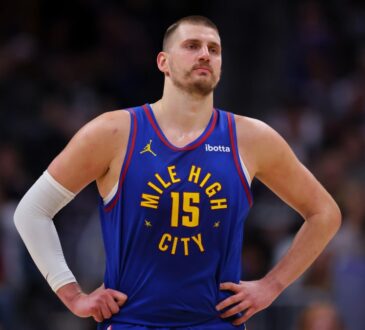Nikola Jokić of the Denver Nuggets looks on during a game against the Golden State Warriors at Ball Arena on March 29, 2026.