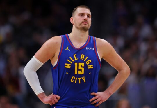 Nikola Jokić of the Denver Nuggets looks on during a game against the Golden State Warriors at Ball Arena on March 29, 2026.