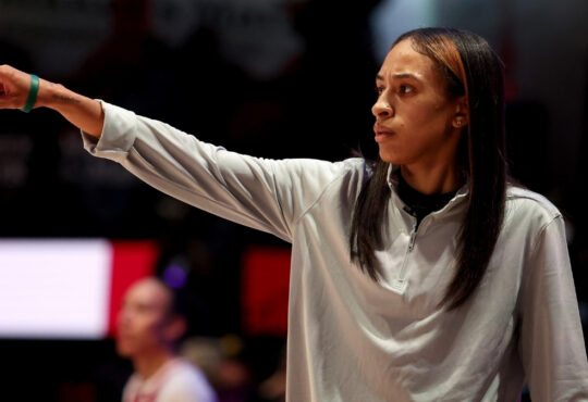 Nola Henry watches from the sideline during Rose BC’s Unrivaled 2026 game against Vinyl at Sephora Arena in Medley, Florida.