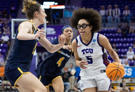 Olivia Miles of TCU drives to the basket against UC San Diego during the first round of the 2026 NCAA Women’s Tournament at Schollmaier Arena.