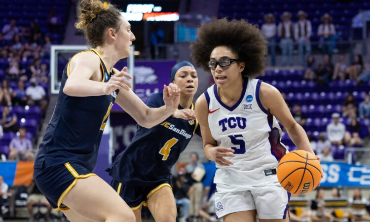 Olivia Miles of TCU drives to the basket against UC San Diego during the first round of the 2026 NCAA Women’s Tournament at Schollmaier Arena.