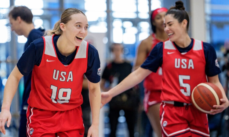 WNBA: Paige Bueckers and Kelsey Plum react during the United States Women’s Basketball Team training camp at Duke University.