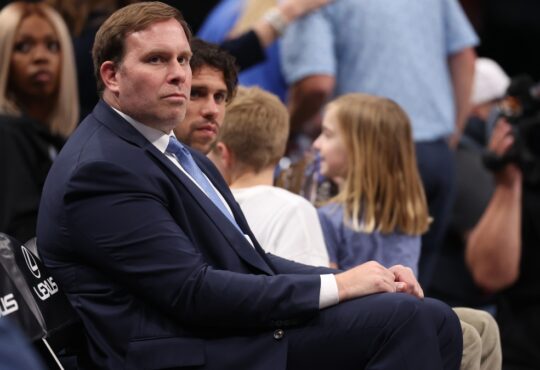 Dallas Mavericks governor Patrick Dumont watching a game against the Toronto Raptors at American Airlines Center in Dallas on April 11, 2025.