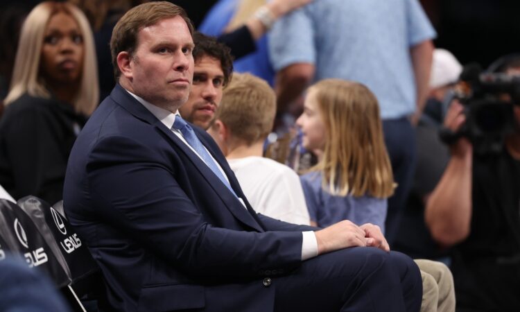 Dallas Mavericks governor Patrick Dumont watching a game against the Toronto Raptors at American Airlines Center in Dallas on April 11, 2025.