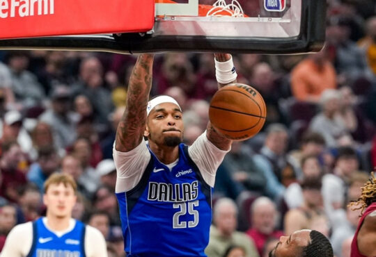 P.J. Washington #25 of the Dallas Mavericks dunks during the first half against the Cleveland Cavaliers at Rocket Arena on March 15, 2026 in Cleveland, Ohio.