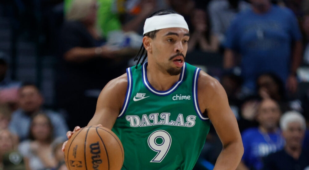 Ryan Nembhard handles the ball for the Dallas Mavericks against the Los Angeles Clippers on March 21, 2026, at American Airlines Center.