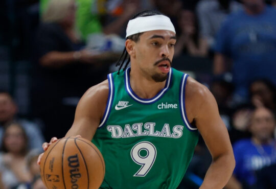 Ryan Nembhard handles the ball for the Dallas Mavericks against the Los Angeles Clippers on March 21, 2026, at American Airlines Center.
