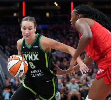 Dallas Wings forward Alanna Smith handling the ball while being guarded by Aliyah Boston of the Indiana Fever at Gainbridge Fieldhouse.