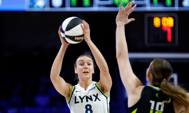Alanna Smith #8 of the Minnesota Lynx looks to pass the ball while guarded by the Dallas Wings at College Park Center.
