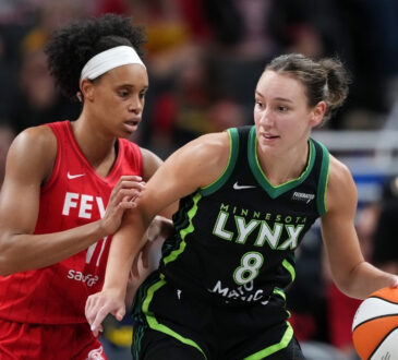 Minnesota Lynx forward Alanna Smith handles the ball against Indiana Fever's Brianna Turner in Indianapolis.