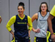 Dallas Wings forwards Alysha Clark and Maddy Siegrist stand together during a 2026 training camp practice at College Park Center.