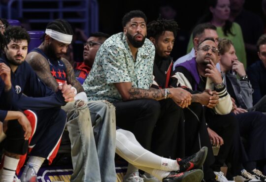 Washington Wizards forward Anthony Davis on the bench during his return to Crypto.com Arena against the Los Angeles Lakers on March 30, 2026.