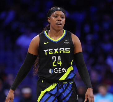 Arike Ogunbowale #24 of the Dallas Wings looking on during the second half against the Washington Mystics at College Park Center.