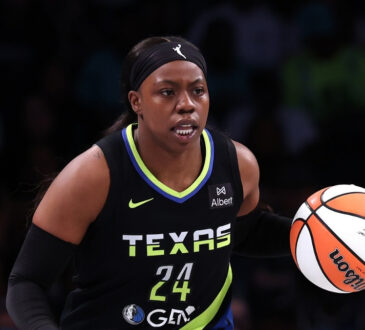 Arike Ogunbowale #24 of the Dallas Wings handles the ball during the first half against the New York Liberty at Barclays Center.
