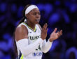 Arike Ogunbowale #24 of the Dallas Mavericks (Wings) reacts after a basket during the first half against the New York Liberty at College Park Center.