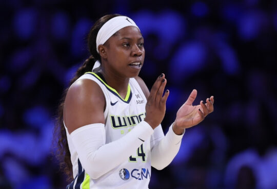 Arike Ogunbowale #24 of the Dallas Mavericks (Wings) reacts after a basket during the first half against the New York Liberty at College Park Center.