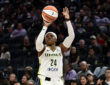 Arike Ogunbowale #24 of the Dallas Wings shoots a jump shot against the Golden State Valkyries at Chase Center.