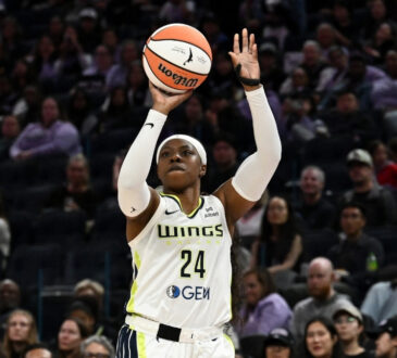 Arike Ogunbowale #24 of the Dallas Wings shoots a jump shot against the Golden State Valkyries at Chase Center.