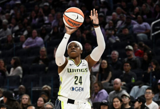 Arike Ogunbowale #24 of the Dallas Wings shoots a jump shot against the Golden State Valkyries at Chase Center.