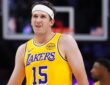 Austin Reaves #15 of the Los Angeles Lakers looks on during a game against the Miami Heat at Kaseya Center on March 19, 2026.
