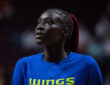 Awak Kuier #28 of the Dallas Wings during warmups before a WNBA Playoff game against the Connecticut Sun at Mohegan Sun Arena.