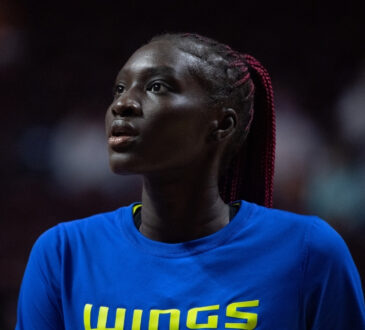 Awak Kuier #28 of the Dallas Wings during warmups before a WNBA Playoff game against the Connecticut Sun at Mohegan Sun Arena.