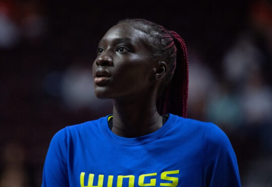 Awak Kuier #28 of the Dallas Wings during warmups before a WNBA Playoff game against the Connecticut Sun at Mohegan Sun Arena.