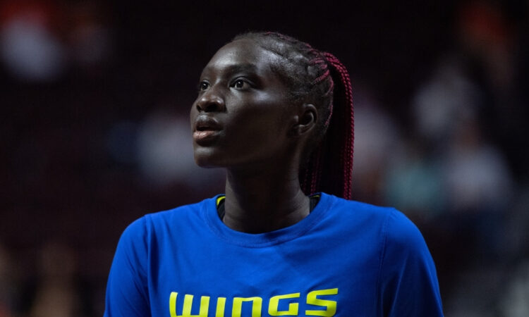 Awak Kuier #28 of the Dallas Wings during warmups before a WNBA Playoff game against the Connecticut Sun at Mohegan Sun Arena.