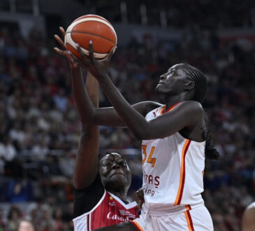 Dallas Wings forward Awak Kuier battling for position against Aminata Gueye of Casademont Zaragoza during the EuroLeague Women Final Six in Spain.