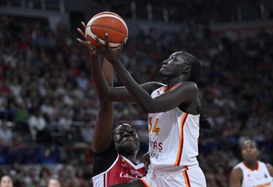 Dallas Wings forward Awak Kuier battling for position against Aminata Gueye of Casademont Zaragoza during the EuroLeague Women Final Six in Spain.