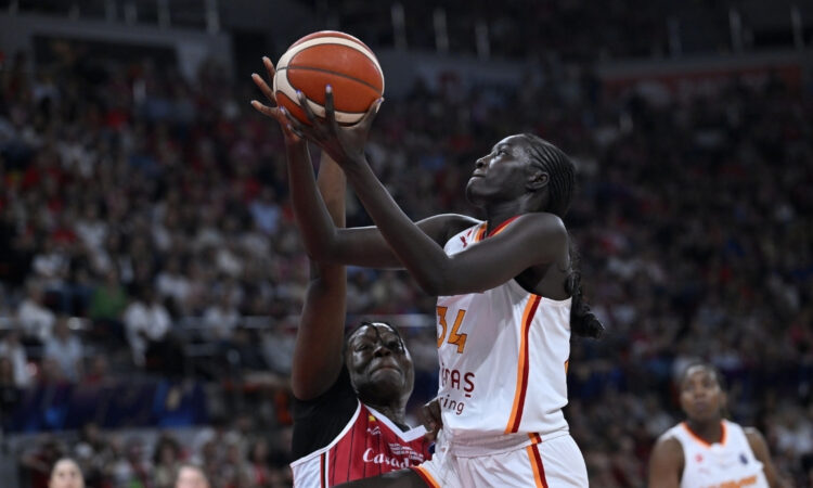 Dallas Wings forward Awak Kuier battling for position against Aminata Gueye of Casademont Zaragoza during the EuroLeague Women Final Six in Spain.
