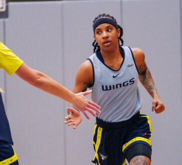 Dallas Wings guard Aziaha James and forward Alanna Smith during a 2026 training camp practice session in Arlington.