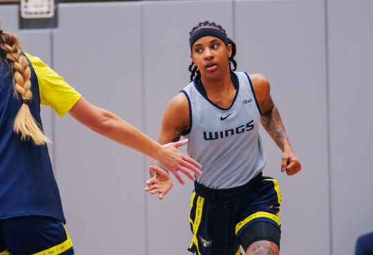 Dallas Wings guard Aziaha James and forward Alanna Smith during a 2026 training camp practice session in Arlington.