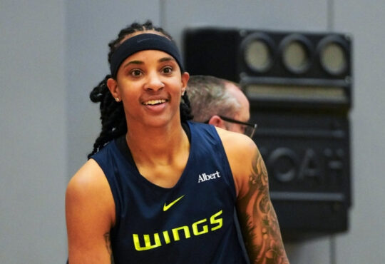 Dallas Wings guard Aziaha James runs through drills during the third day of training camp in Arlington.
