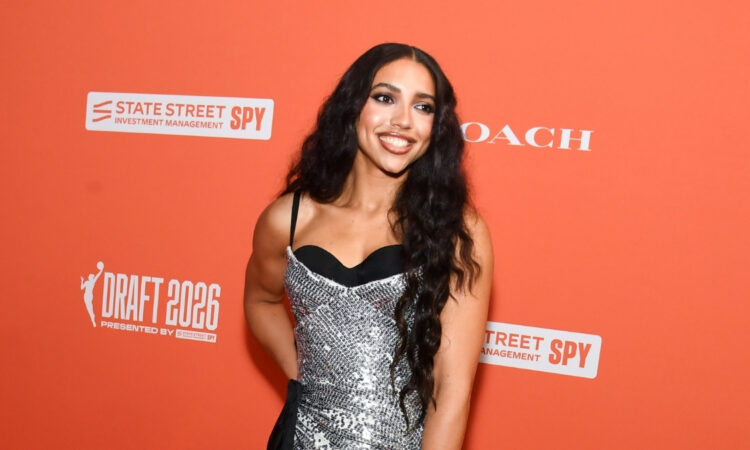 Azzi Fudd posing for a portrait at the 2026 WNBA Draft in New York City before being selected No. 1 overall by the Dallas Wings.