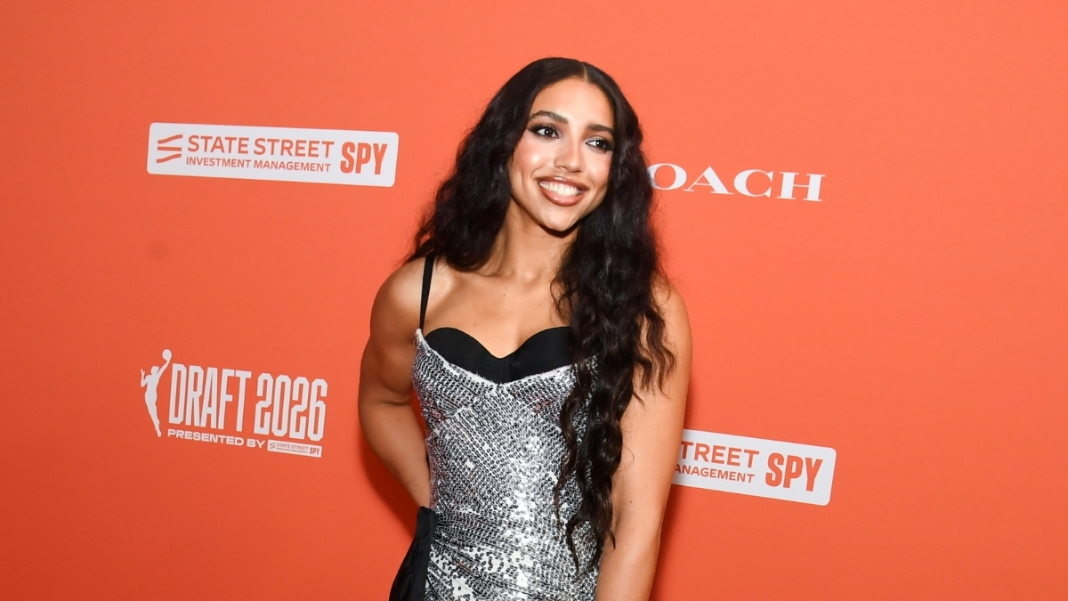 Azzi Fudd posing for a portrait at the 2026 WNBA Draft in New York City before being selected No. 1 overall by the Dallas Wings.