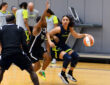 Dallas Wings rookie Azzi Fudd drives to the basket along the baseline during a 5-on-5 scrimmage at College Park Center.