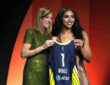 Azzi Fudd of UConn poses with WNBA Commissioner Cathy Engelbert after being selected No. 1 overall by the Dallas Wings at the 2026 WNBA Draft.