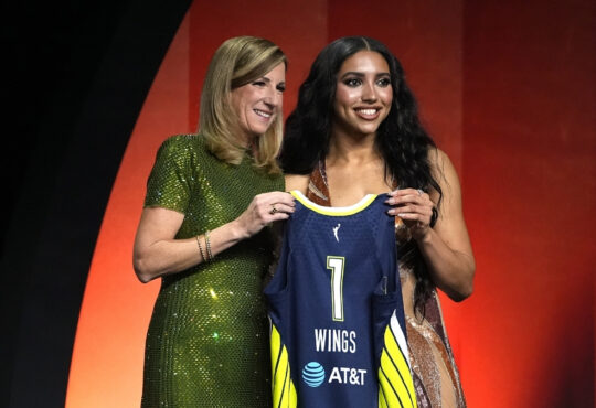Azzi Fudd of UConn poses with WNBA Commissioner Cathy Engelbert after being selected No. 1 overall by the Dallas Wings at the 2026 WNBA Draft.